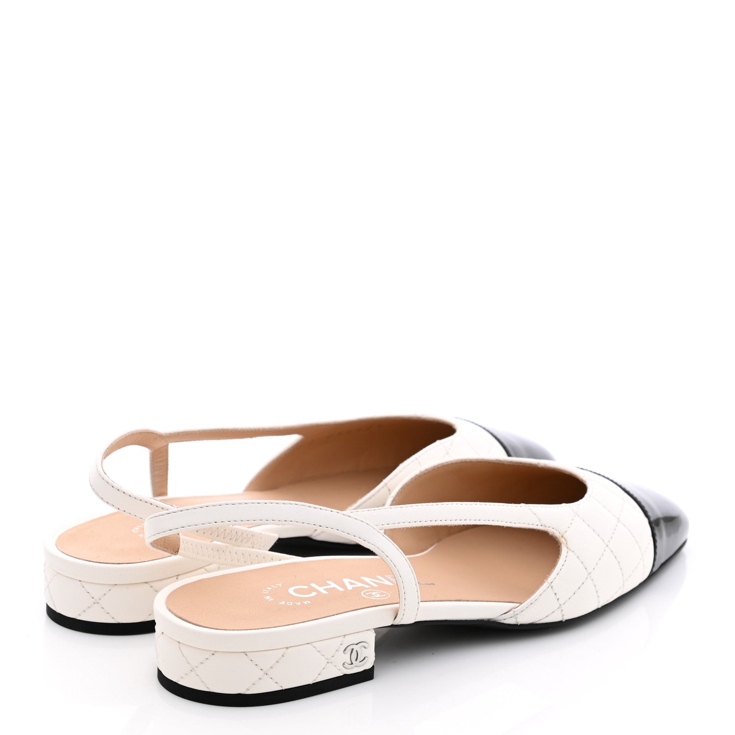 Chanel Lambskin Patent Quilted Cap Toe CC Slingback Flats 36 White Black 4 of 9