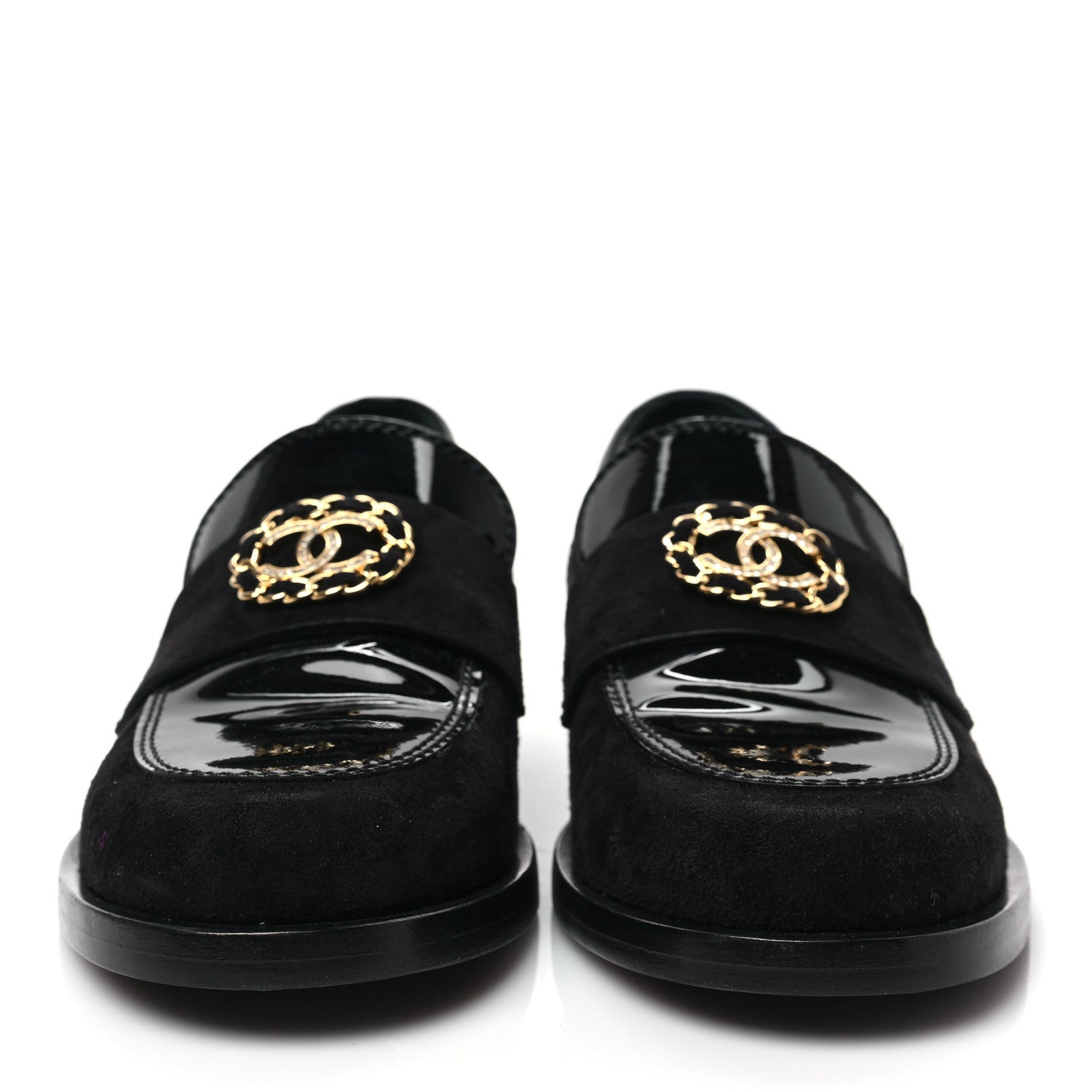 Chanel Patent Calfskin Suede Kidskin CC Mocassin Loafers 37 Black 2 of 8