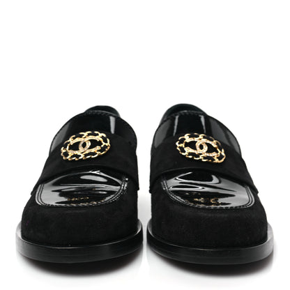 Chanel Patent Calfskin Suede Kidskin CC Mocassin Loafers 37 Black 2 of 8