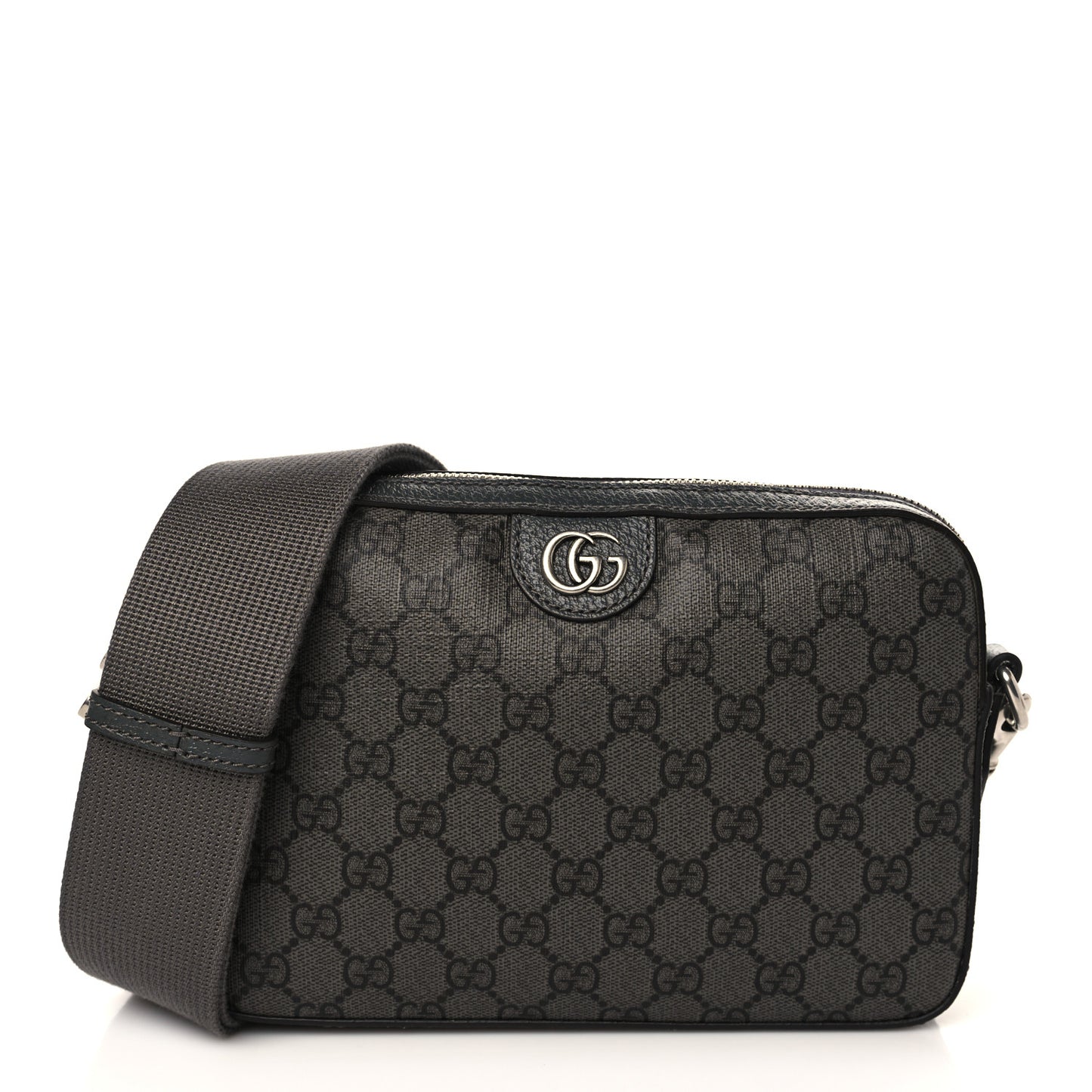 GG Supreme Monogram Textured Dollar Calfskin Web Ophidia Wristlet Shoulder Bag Grey Black Graphite Grey