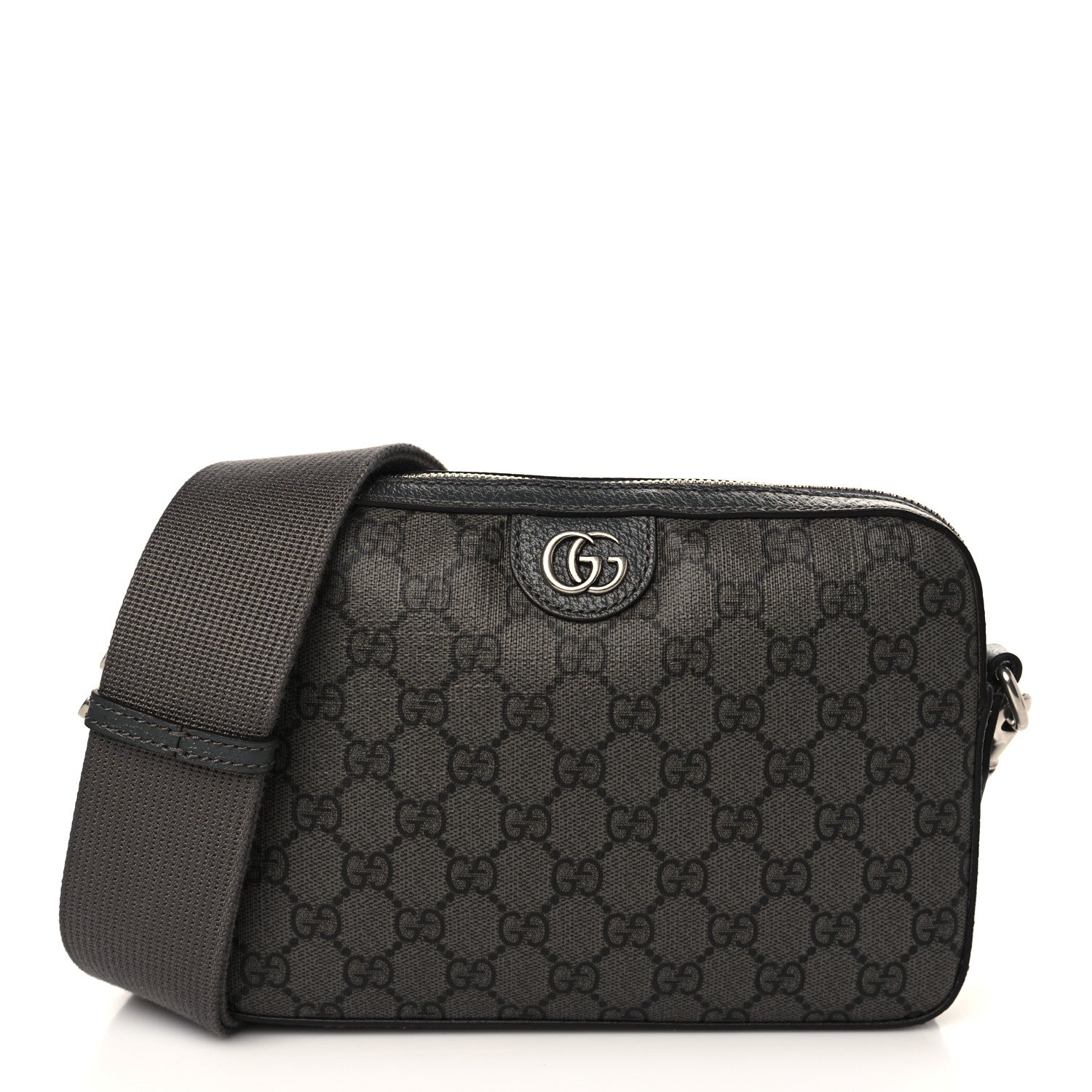 Gucci GG Supreme Monogram Textured Dollar Calfskin Web Ophidia Wristlet Shoulder Bag Grey Black Graphite Grey 1 of 7