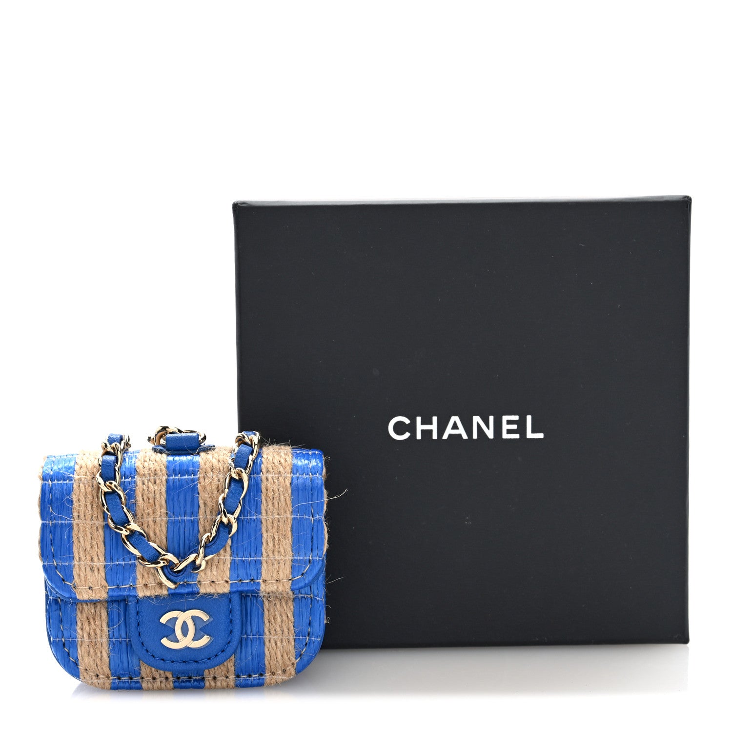 CHANEL マトラッセ AirPodsケース　ブルー Chanel Raffia Jute Striped Airpods Pro Case Blue Beige 1783082
