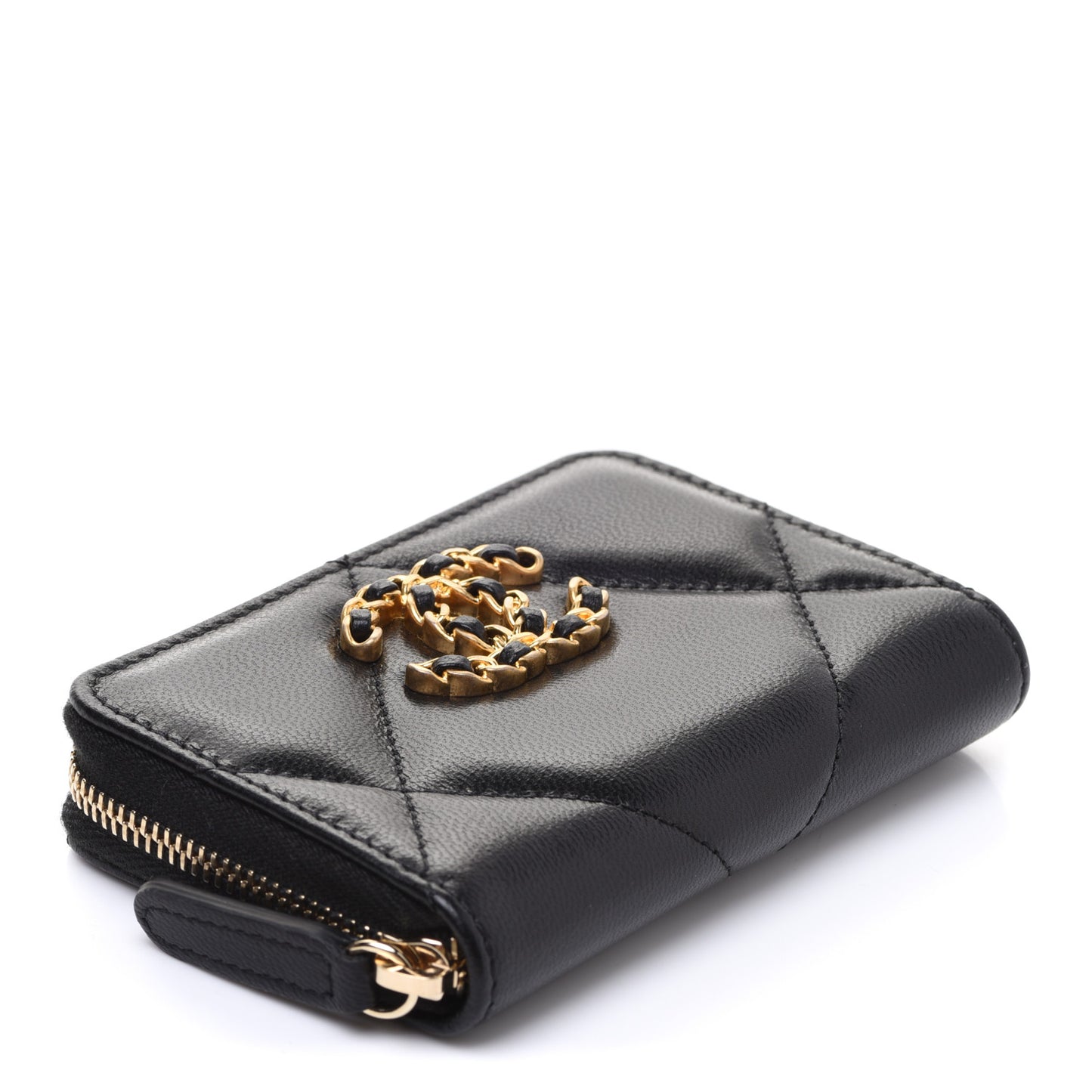 Goatskin Quilted Chanel 19 Zip Around Coin Purse Wallet Black
