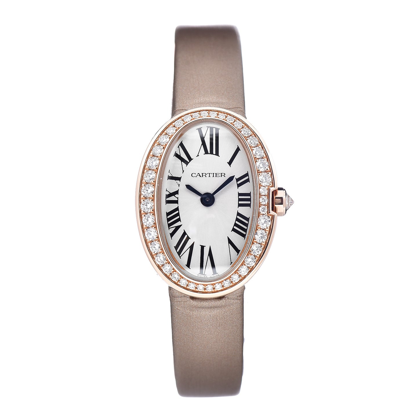18K Pink Gold Satin Diamond 18mm Baignoire Quartz Watch Taupe