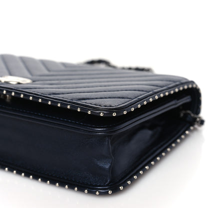 Chanel Lambskin Chevron Quilted Studded Wallet On Chain WOC Navy 11 of 14