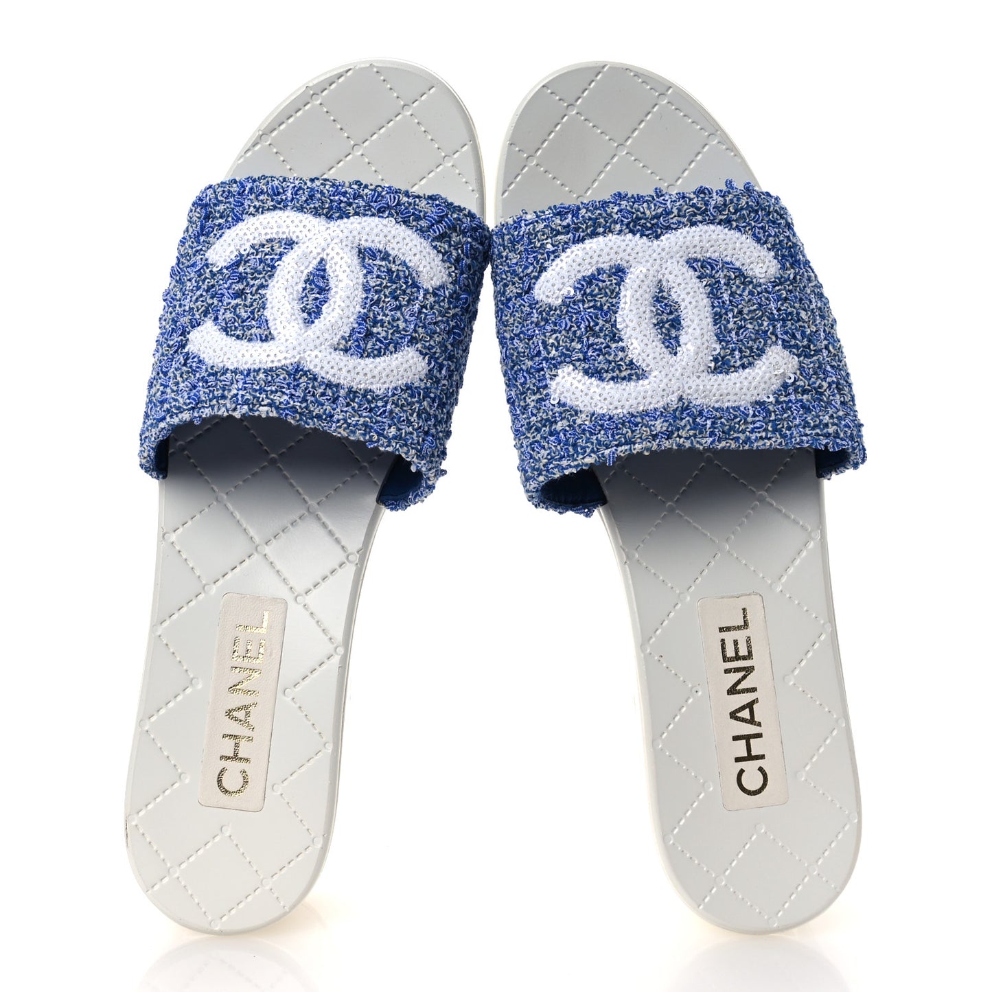Tweed Sequin Patent Calfskin CC Mule Sandals 41 Blue White