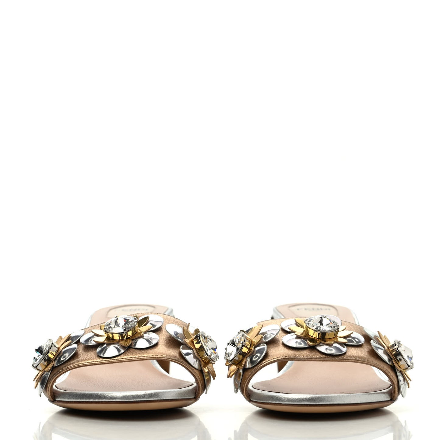Metallic Calfskin Crystal Flowerland Slide Sandals 37 Argento Bronze Gold