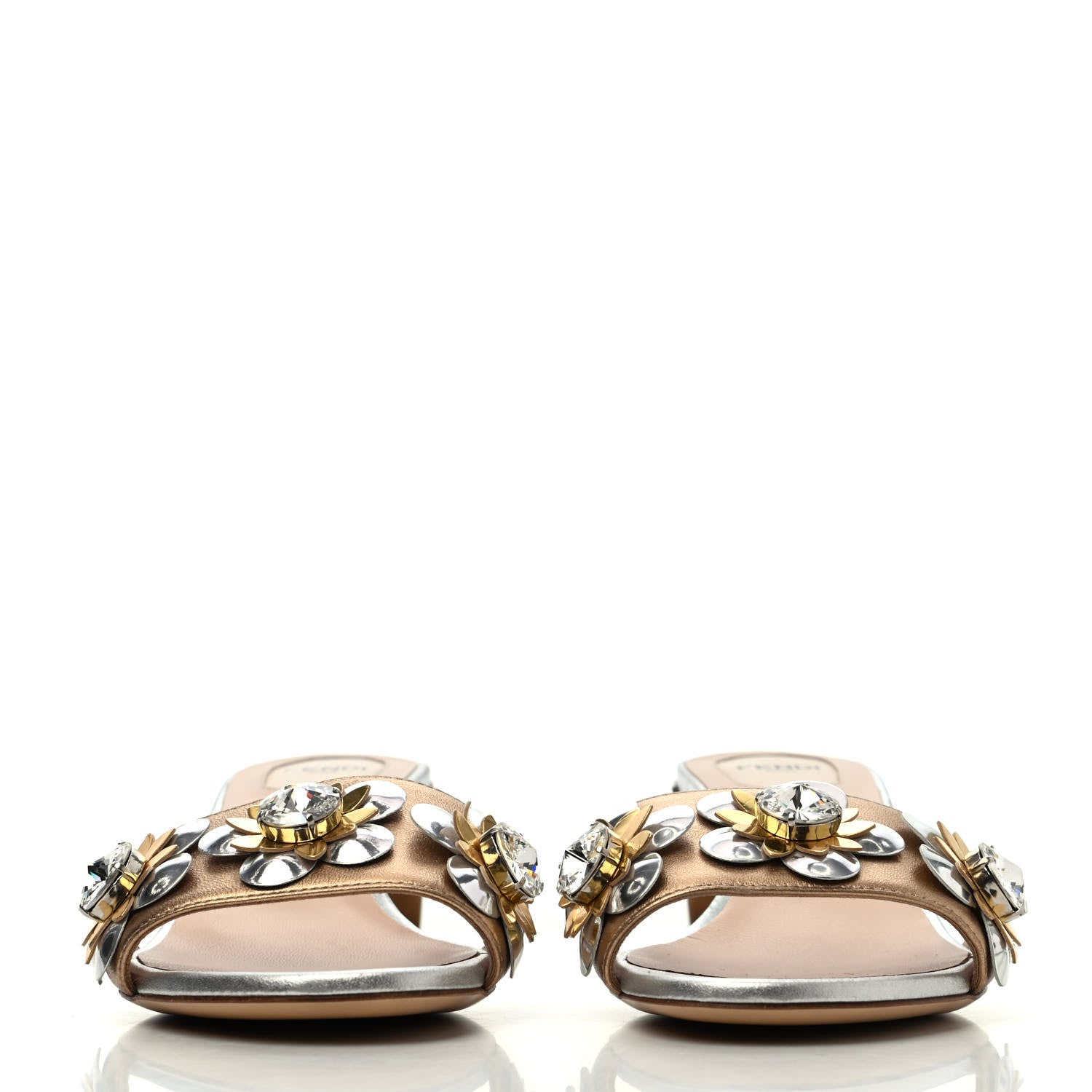Fendi Metallic Calfskin Crystal Flowerland Slide Sandals 37 Argento Bronze Gold 2 of 4