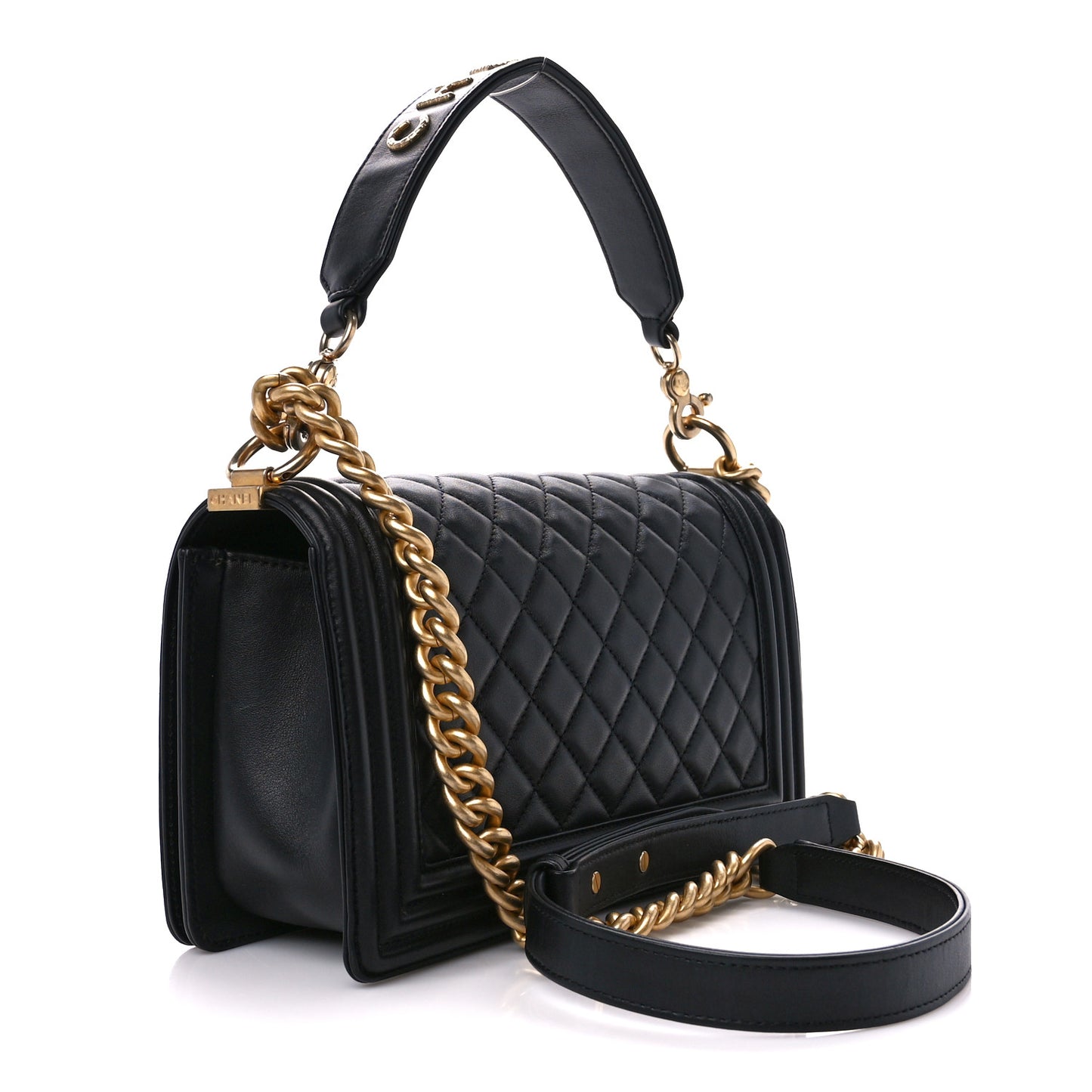 Calfskin Medium Boy Logo Top Handle Flap Black