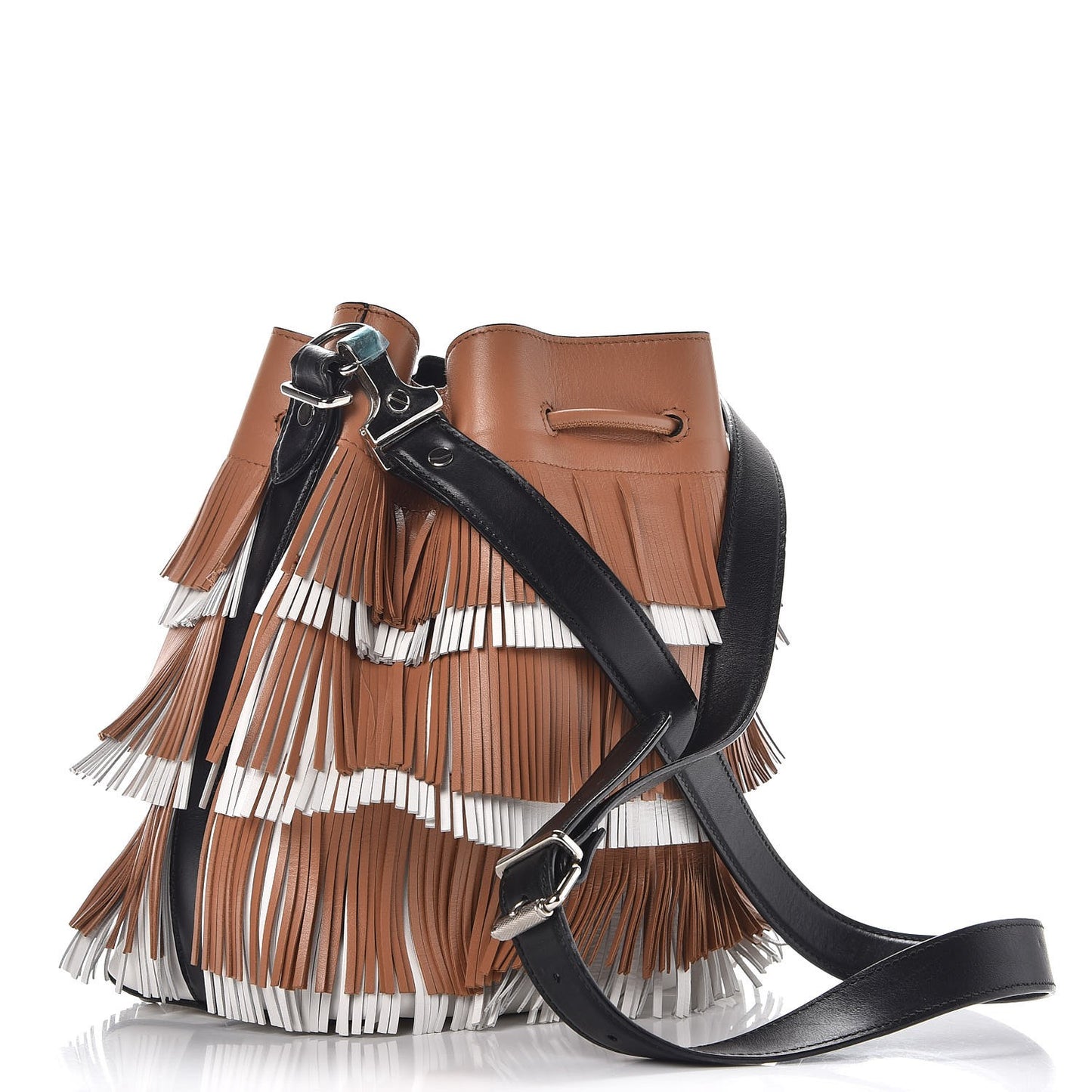 Calfskin Medium Fringe Bucket Bag Dune White