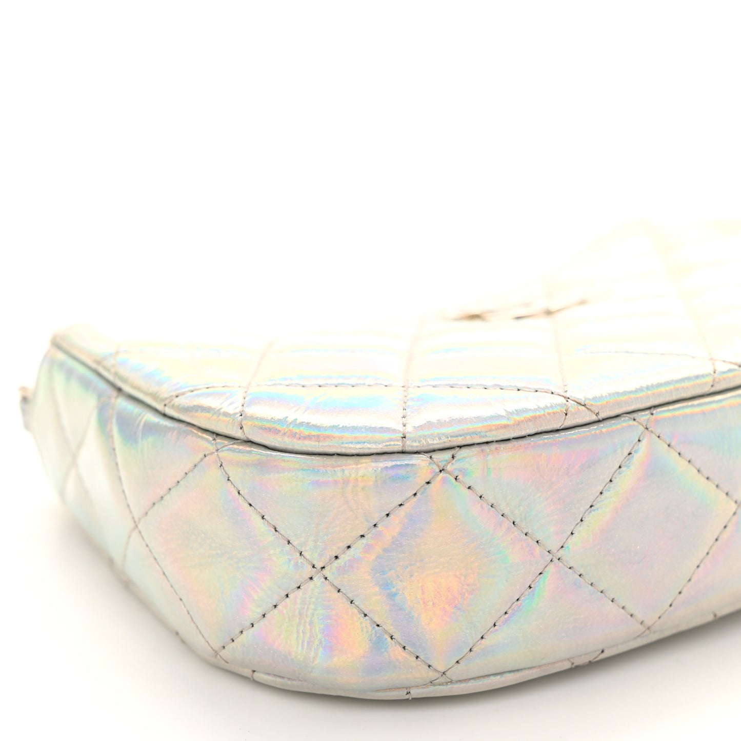Iridescent Mirror Goatskin Quilted Clutch With Chain Silver