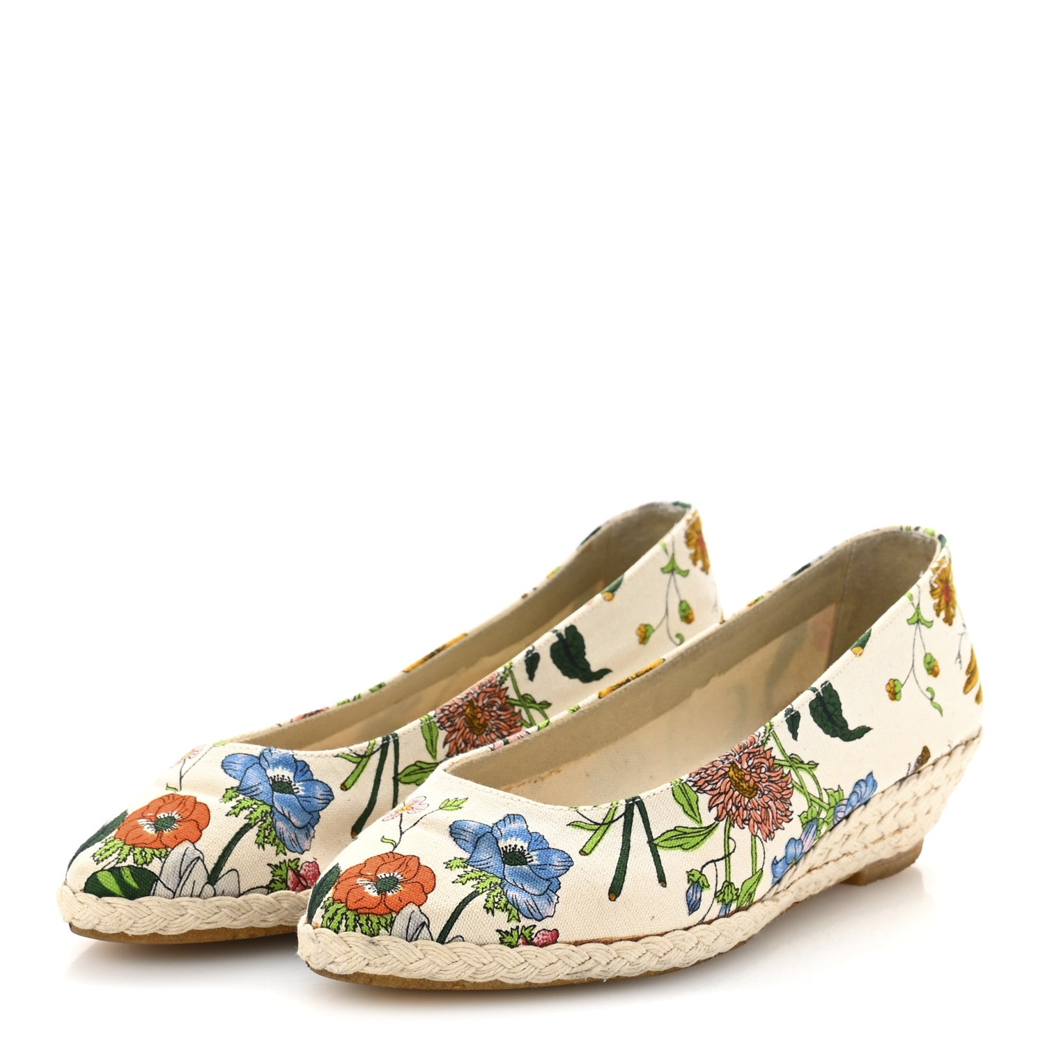 Gucci Canvas Flora Print Espadrilles Short Wedges 37 White Multicolor 4 of 9