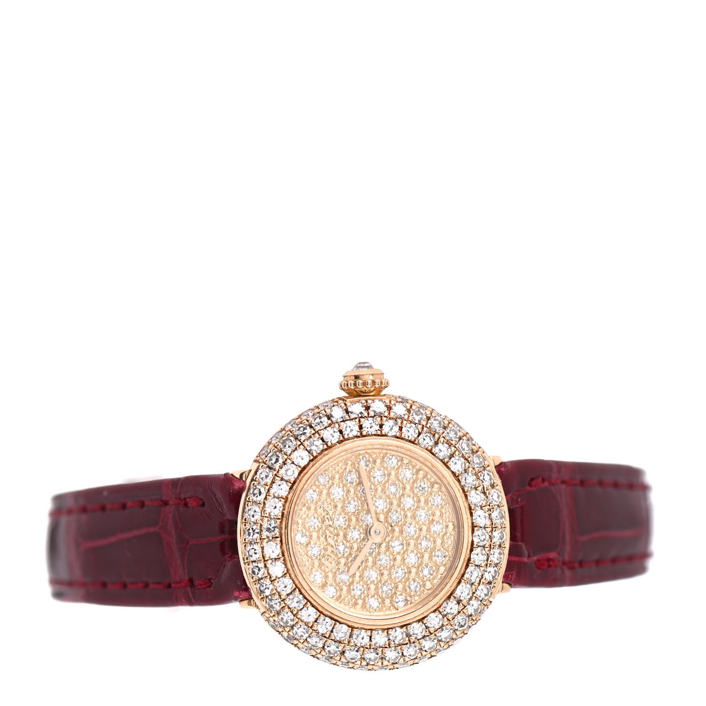18K Yellow Gold Alligator Diamond Pave 24mm Quartz Watch Burgundy