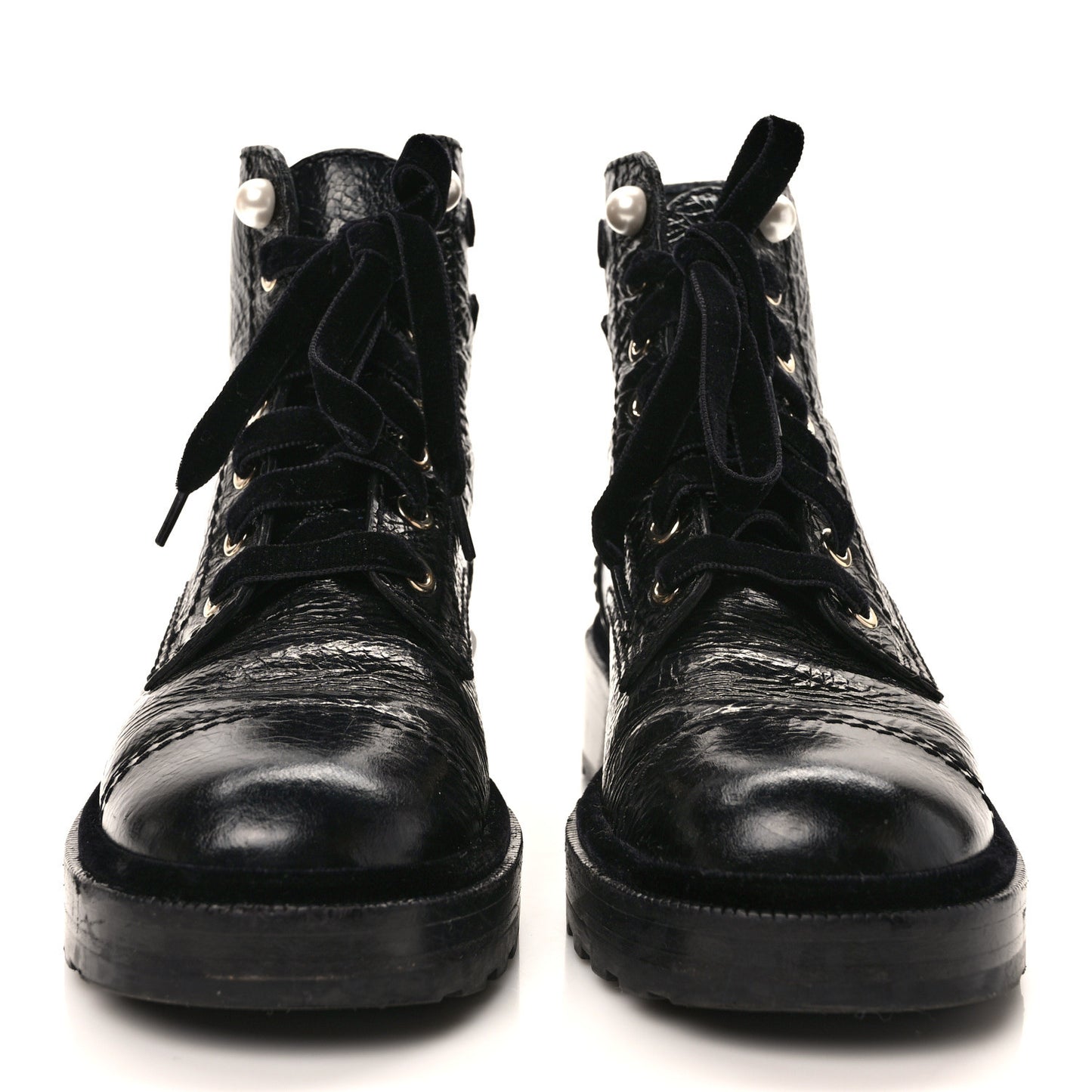 Shiny Calfskin Velvet Pearl Combat Short Boots 36 Black