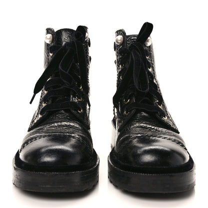 Chanel Shiny Calfskin Velvet Pearl Combat Short Boots 36 Black 2 of 8