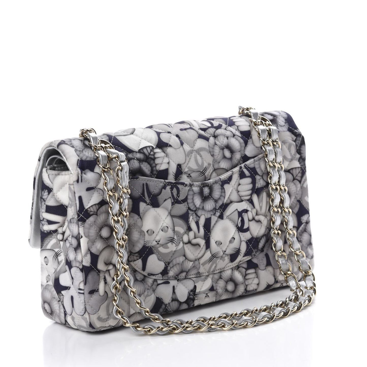 Nylon Quilted Medium Cat Emoticon Double Flap Navy Grey Ecru
