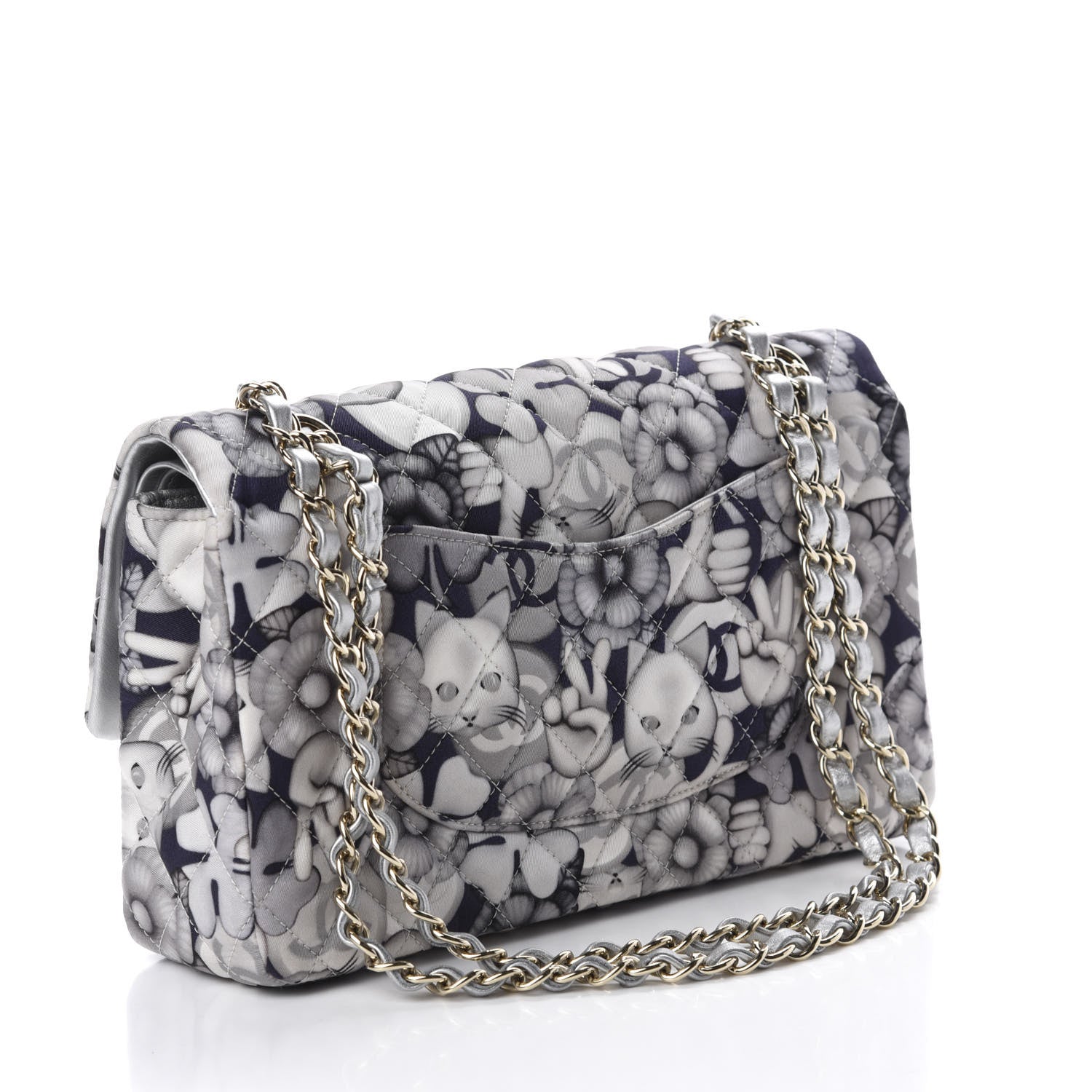 Chanel Nylon Quilted Medium Cat Emoticon Double Flap Navy Grey Ecru 3 of 12