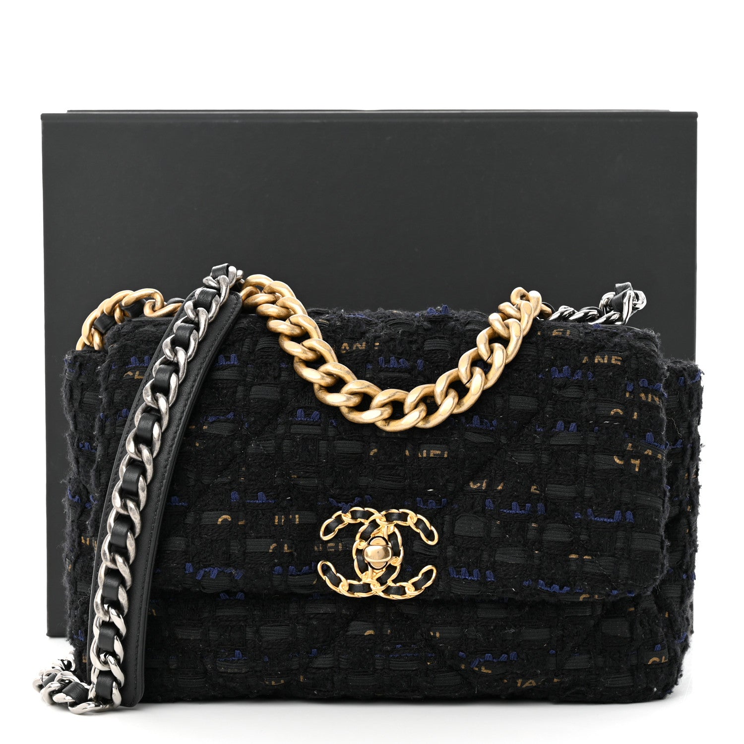 Chanel Tweed Quilted Medium Chanel 19 Flap Black Navy Gold 11 of 11