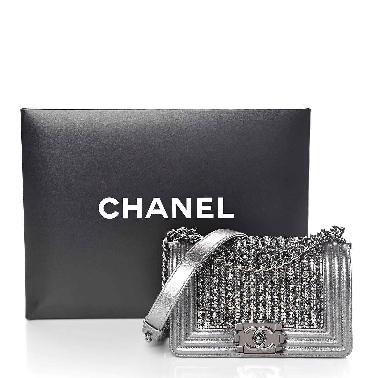 Chanel Metallic Lambskin Glass Pearl Embroidered Small Boy Flap Silver 10 of 10