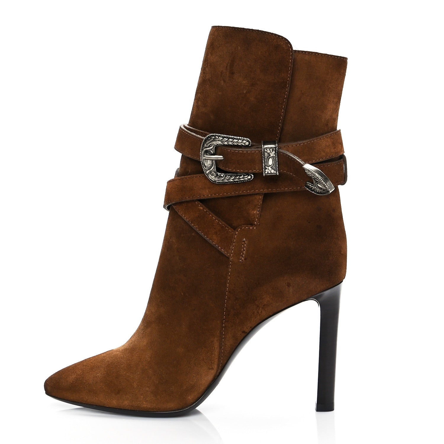 Saint Laurent Suede Mica Buckle Western Ankle Booties Brown 39.5 1 of 12