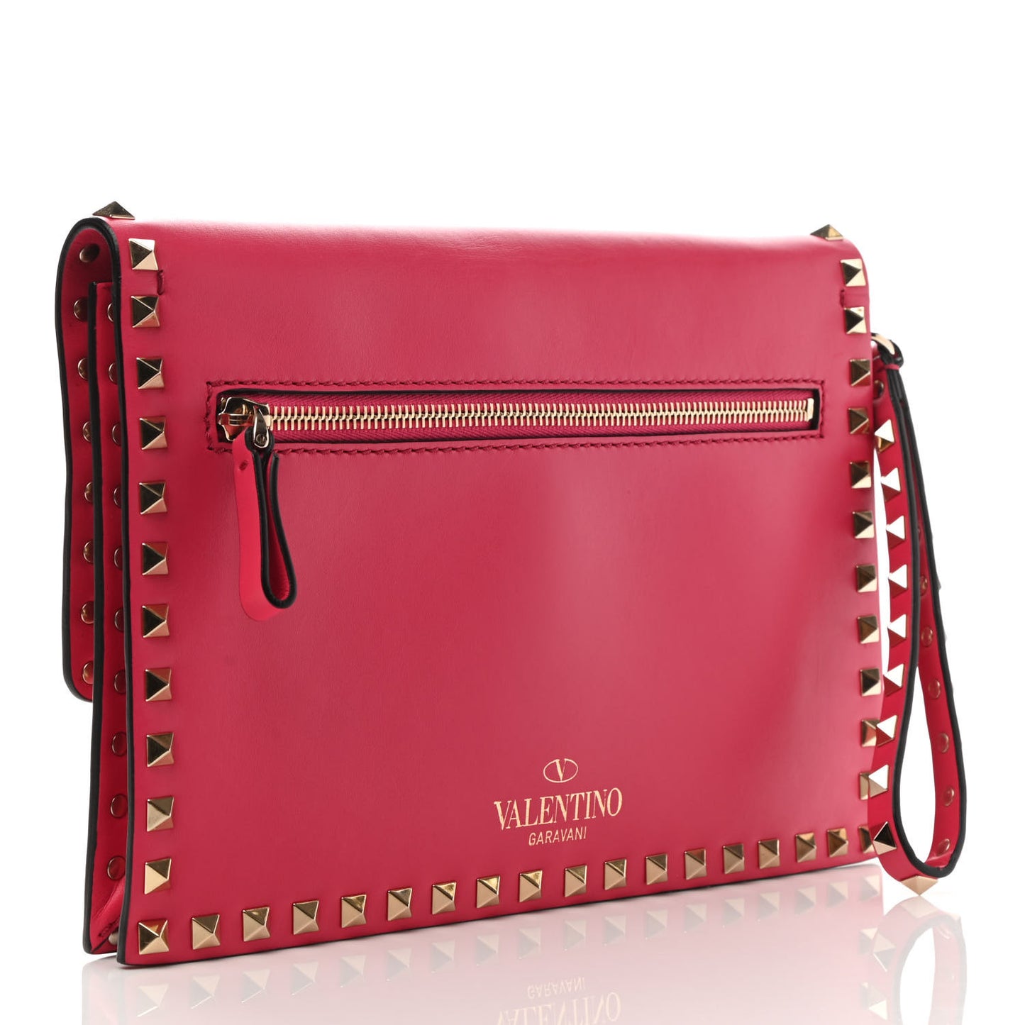 Vitello Rockstud Flip Lock Wristlet Clutch Deep Fuxia