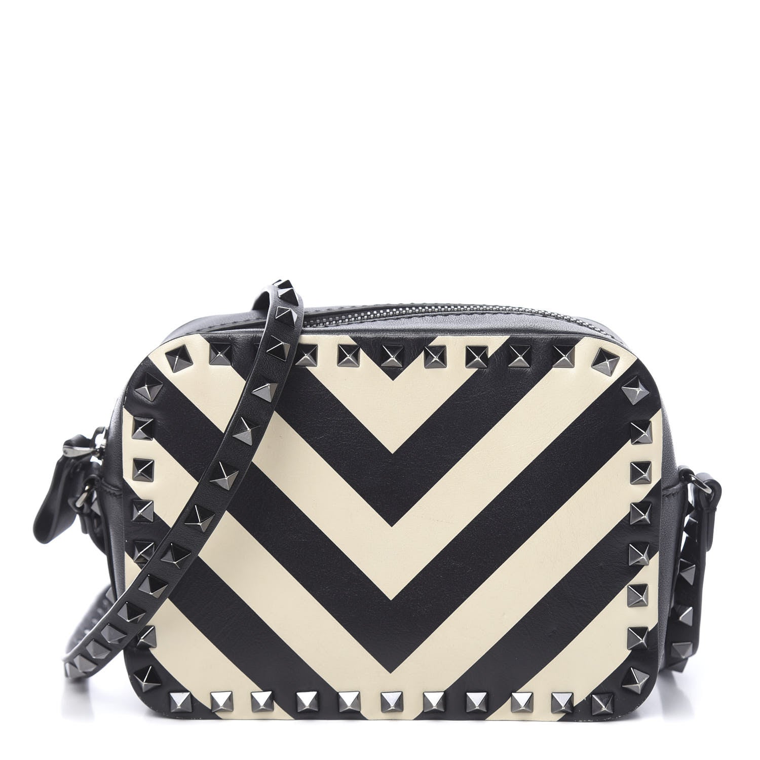 Valentino Garavani Vitello Chevron Rockstud Camera Crossbody Bag Light Ivory Black 1 of 10