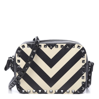 Valentino Garavani Vitello Chevron Rockstud Camera Crossbody Bag Light Ivory Black 1 of 10