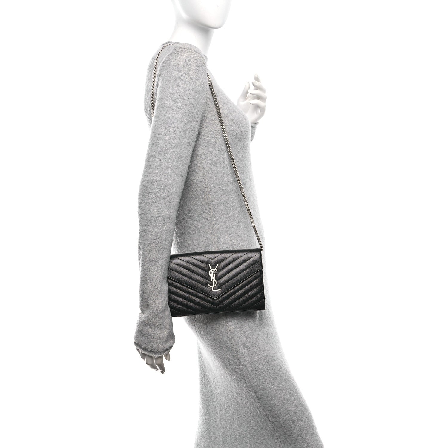 Saint Laurent Grain De Poudre Matelasse Chevron Monogram Chain Wallet Black 2 of 10