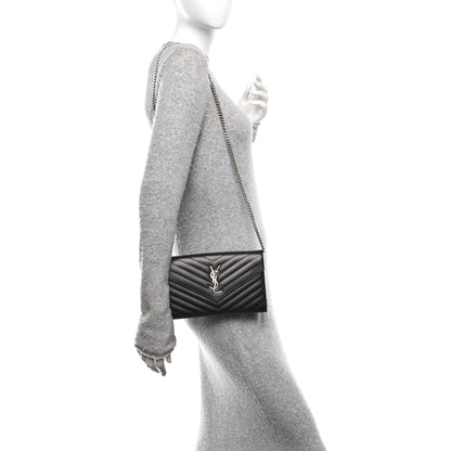 Saint Laurent Grain De Poudre Matelasse Chevron Monogram Chain Wallet Black 2 of 10