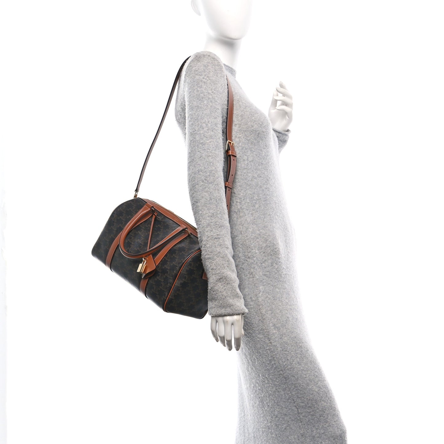 Triomphe Canvas Calfskin Boston Bag Tan