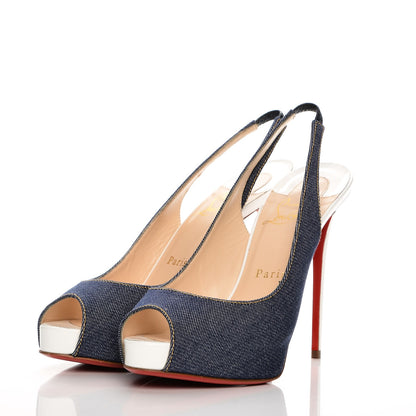 Christian Louboutin Denim Lady Peep Sling 120 Pumps 37.5 Blue White 3 of 6