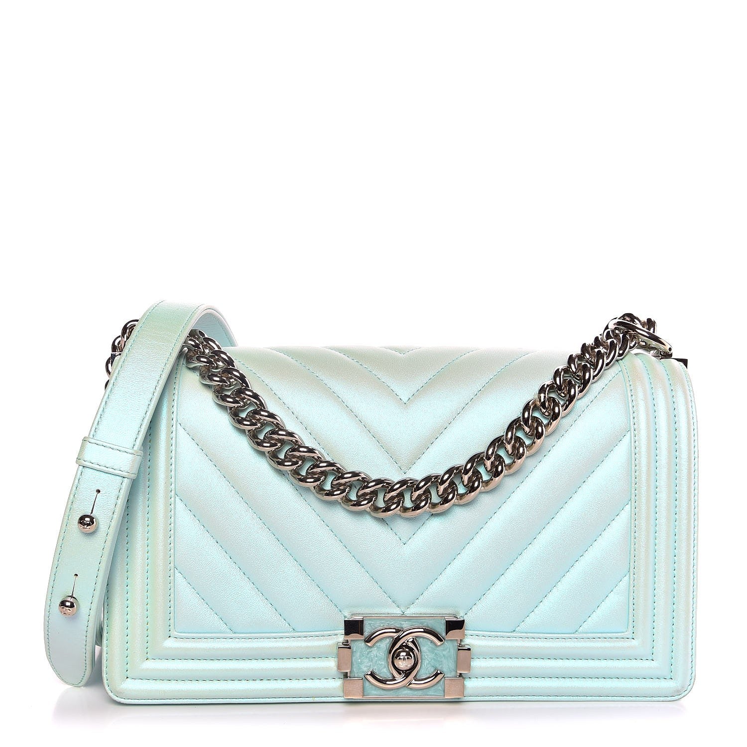 Chanel Metallic Lambskin Chevron Quilted Medium Boy Flap Light Blue 1 of 7