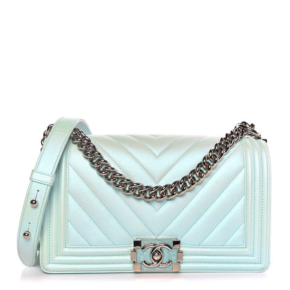 Chanel Metallic Lambskin Chevron Quilted Medium Boy Flap Light Blue 1 of 7