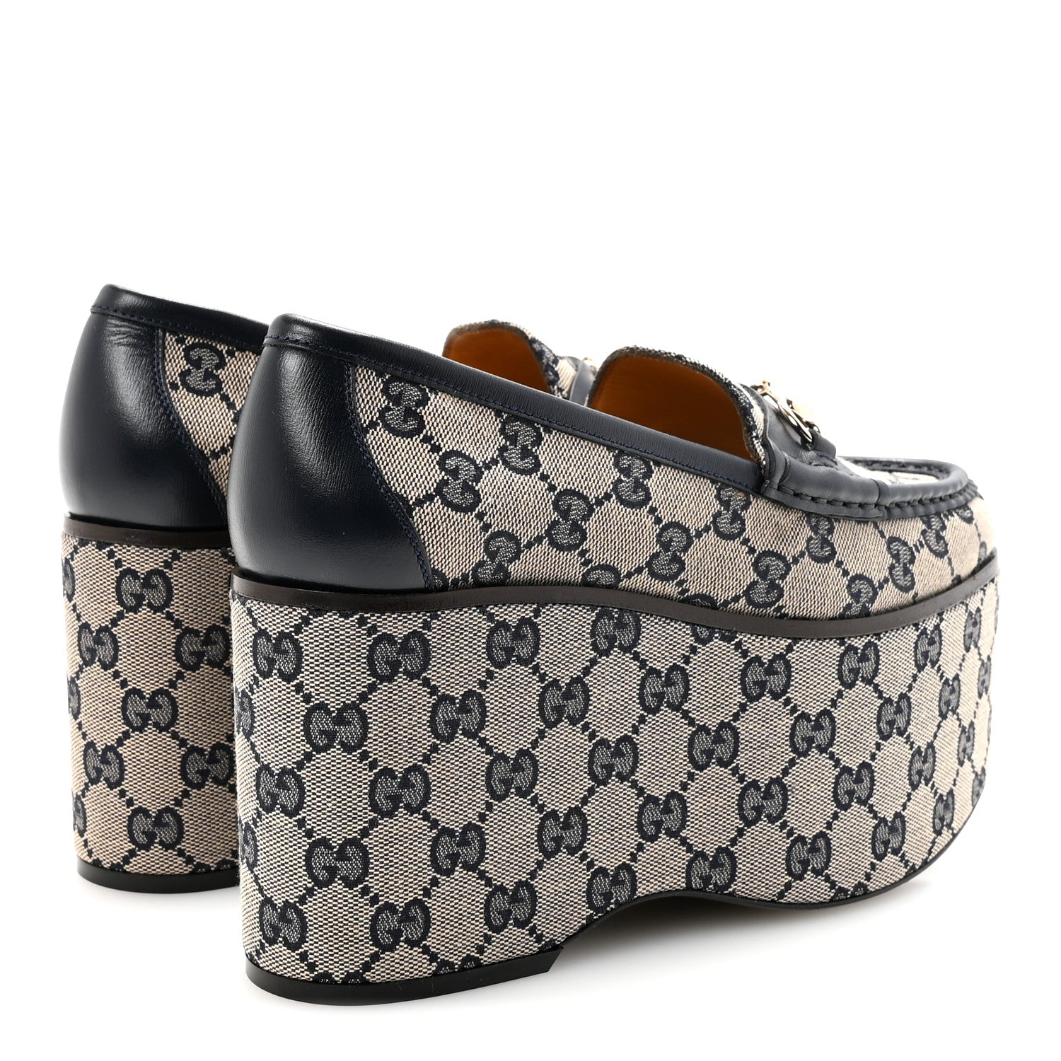 Gucci Canvas GG Monogram Horsebit Calfskin Womens Horsebit Platform Loafers 37.5 Beige Blue 5 of 10