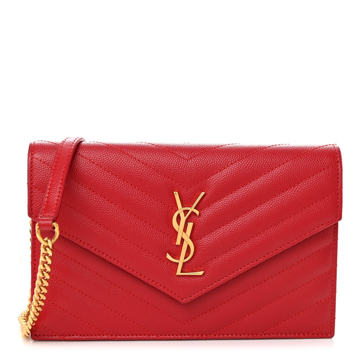 Grain De Poudre Matelasse Chevron Monogram Envelope Chain Wallet New Red