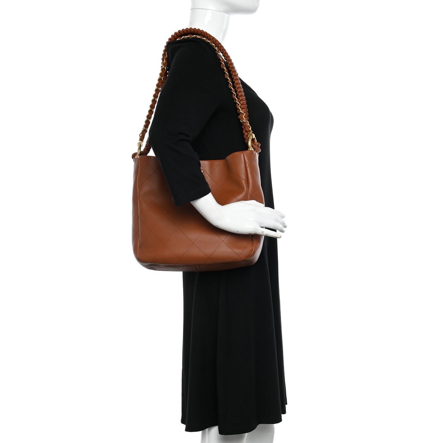 Calfskin Quilted Braided Handle Chain Hobo Brown