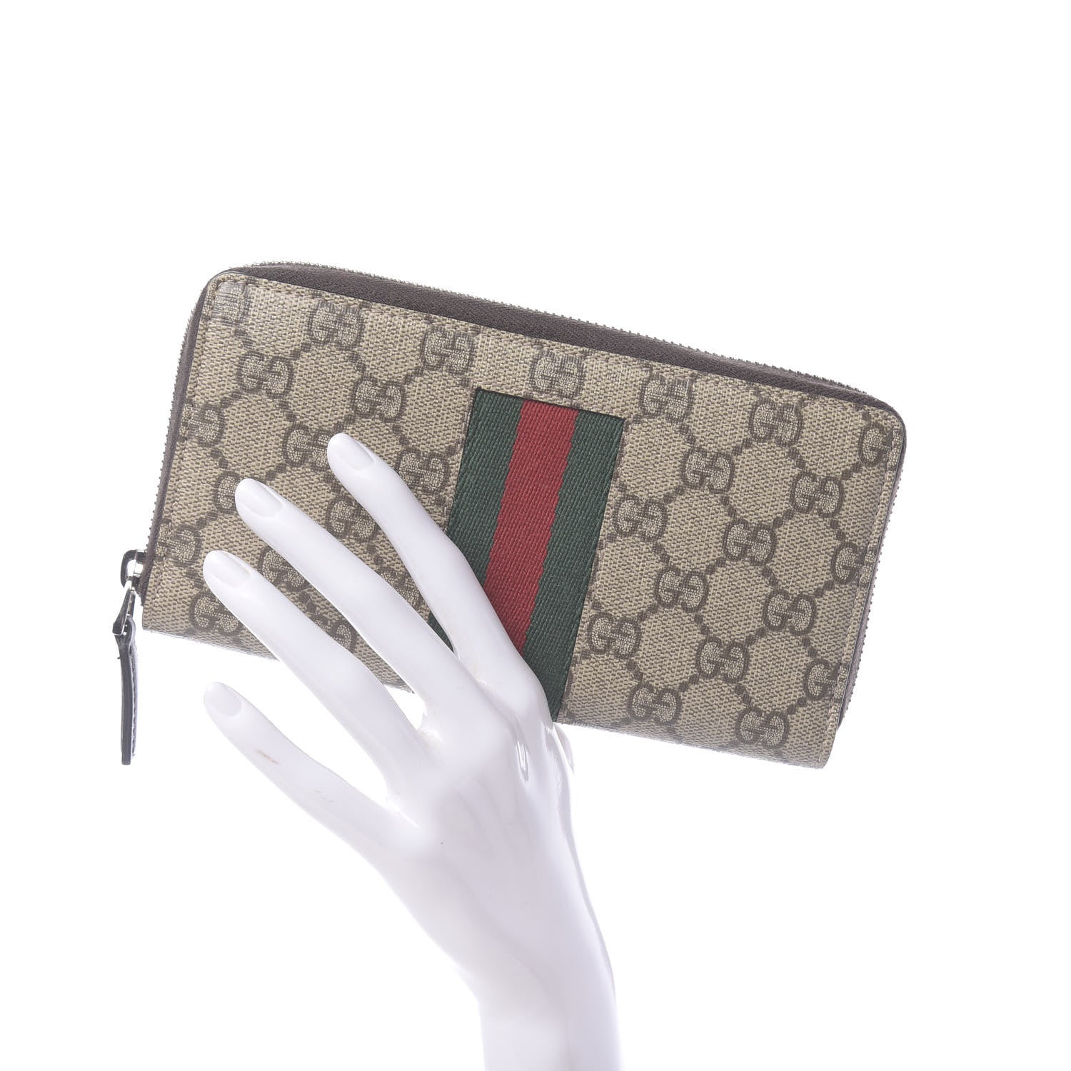 Gucci GG Supreme Monogram Web Zip Around Wallet Beige Cocoa 2 of 7
