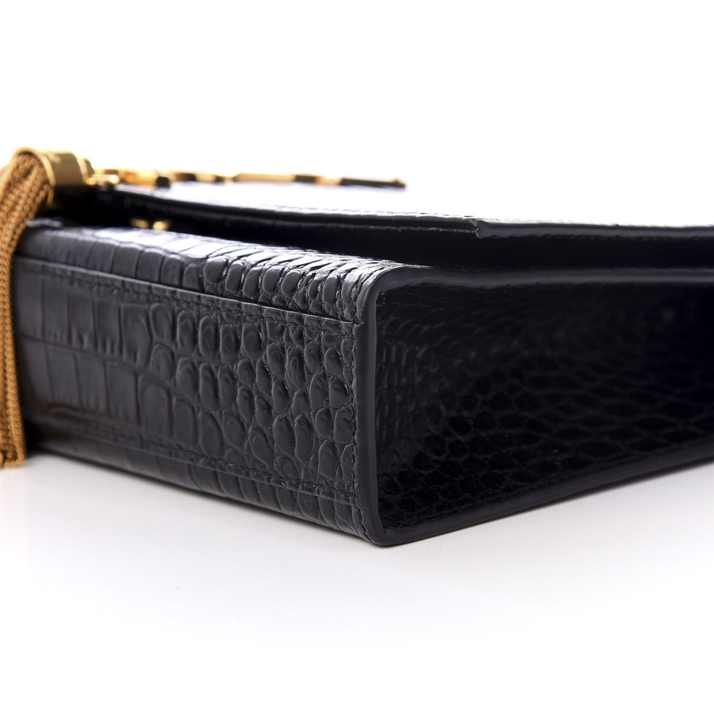 Calfskin Crocodile Embossed Medium Classic Monogram Kate Tassel Satchel Black