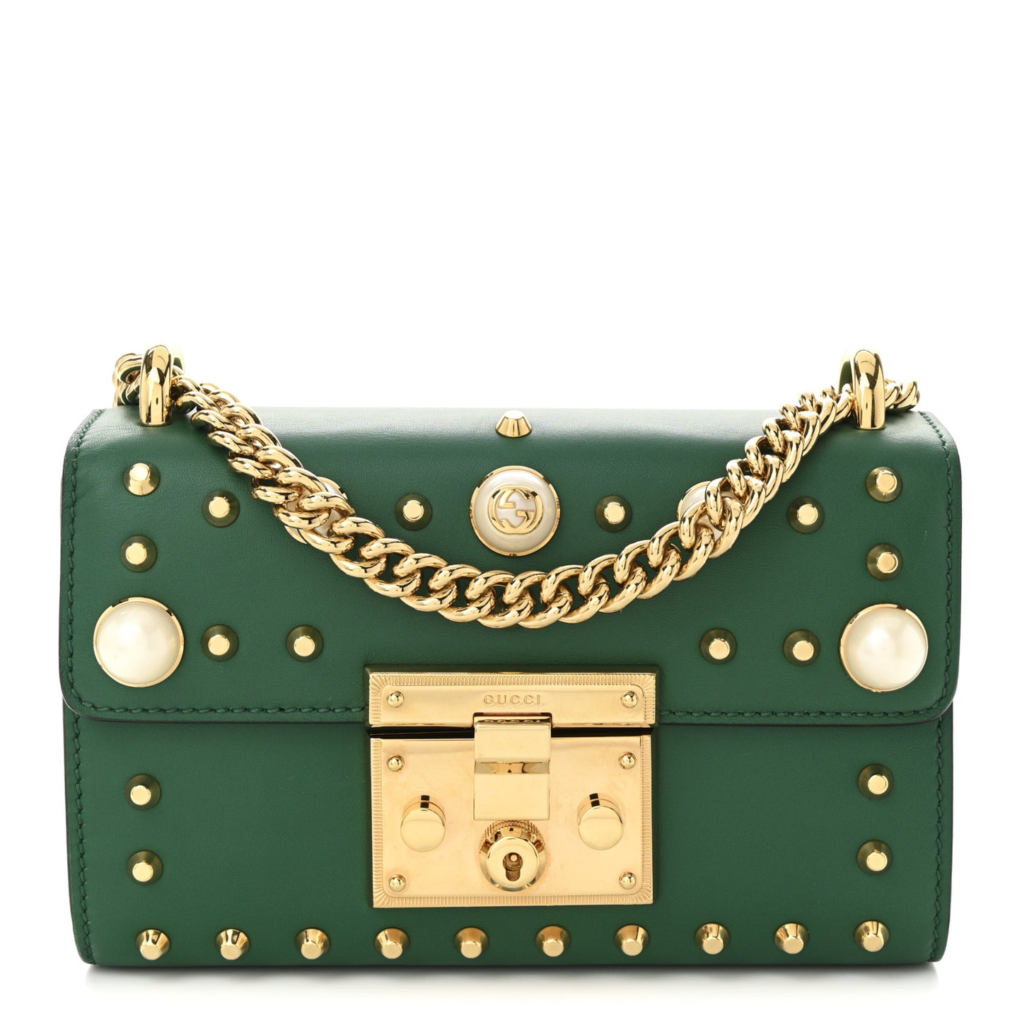 Calfskin Studded Small Padlock Shoulder Bag Emerald