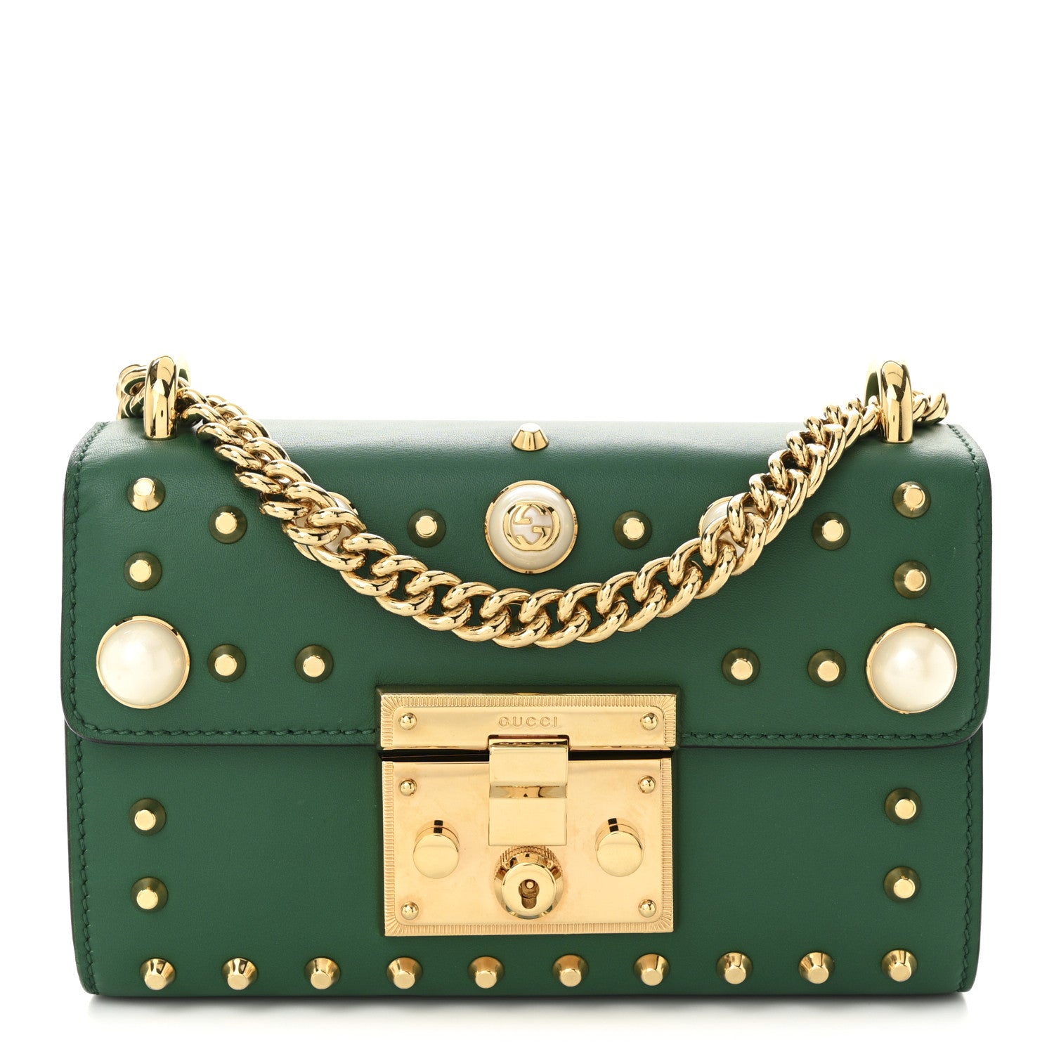 Gucci Calfskin Studded Small Padlock Shoulder Bag Emerald 1 of 12