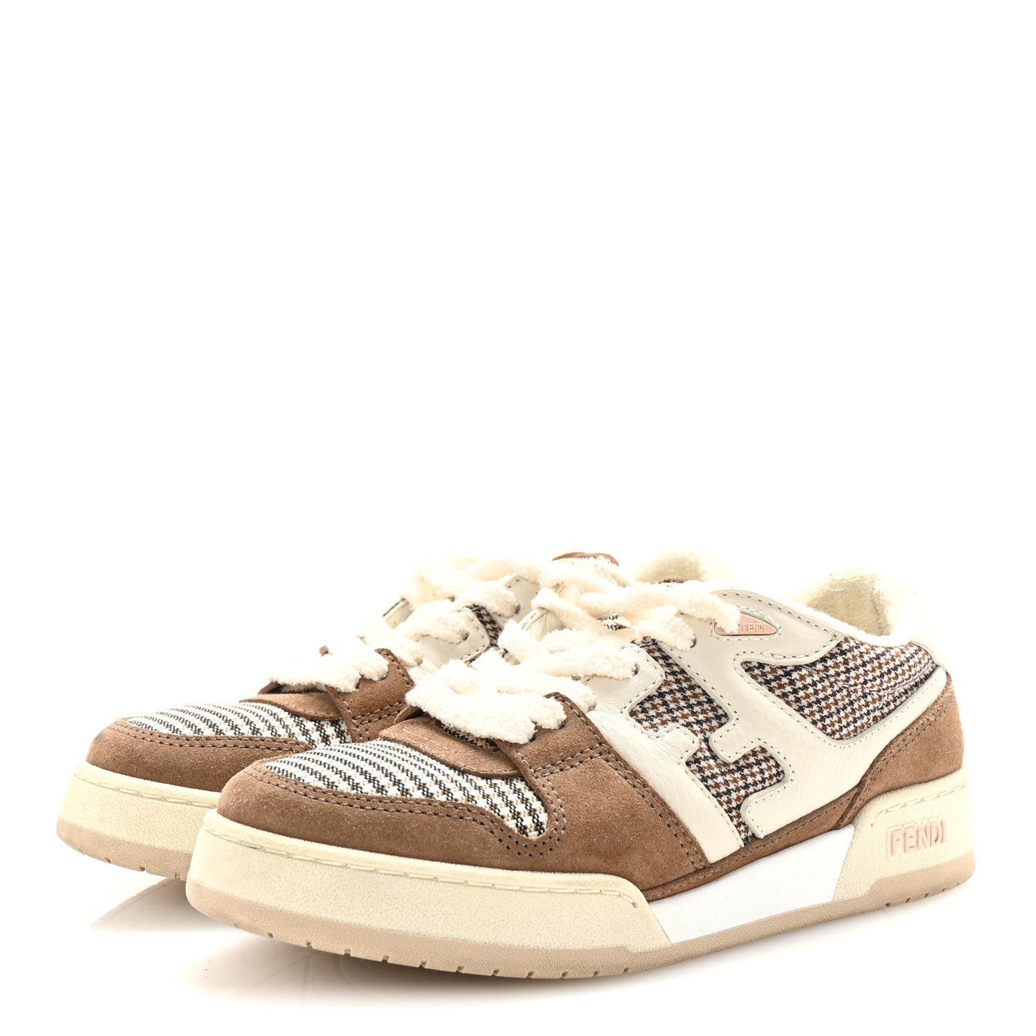 Fendi Calfskin Suede Houndstooth Fendi Match Low Top Sneakers 36 Cream Brown 4 of 10