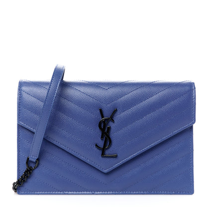 Saint Laurent Grain De Poudre Matelasse Chevron Monogram Envelope Chain Wallet Blue Majorelle 1 of 10