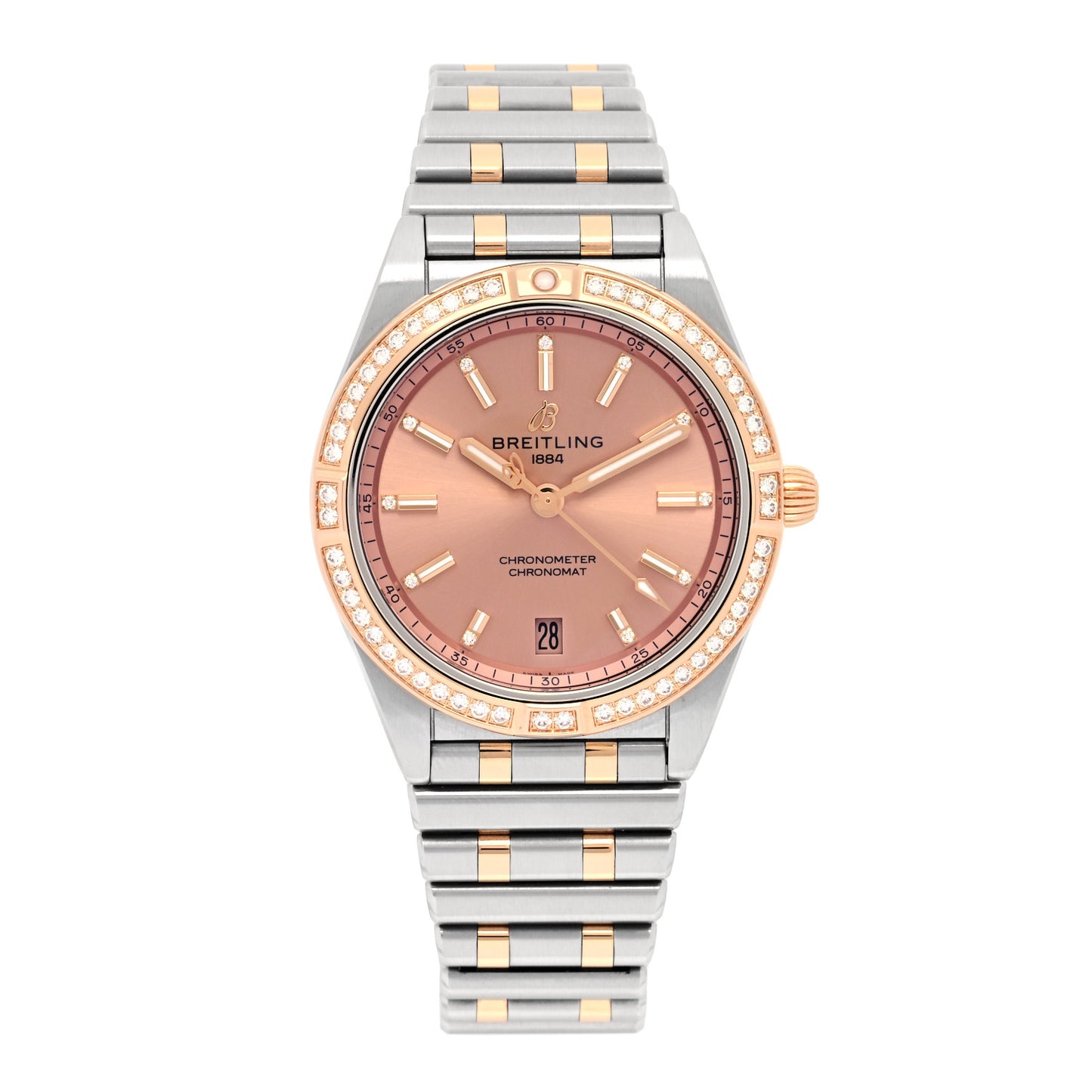 Stainless Steel 18K Rose Gold Diamond Bezel 36mm Chronomat Automatic Watch Salmon U10380