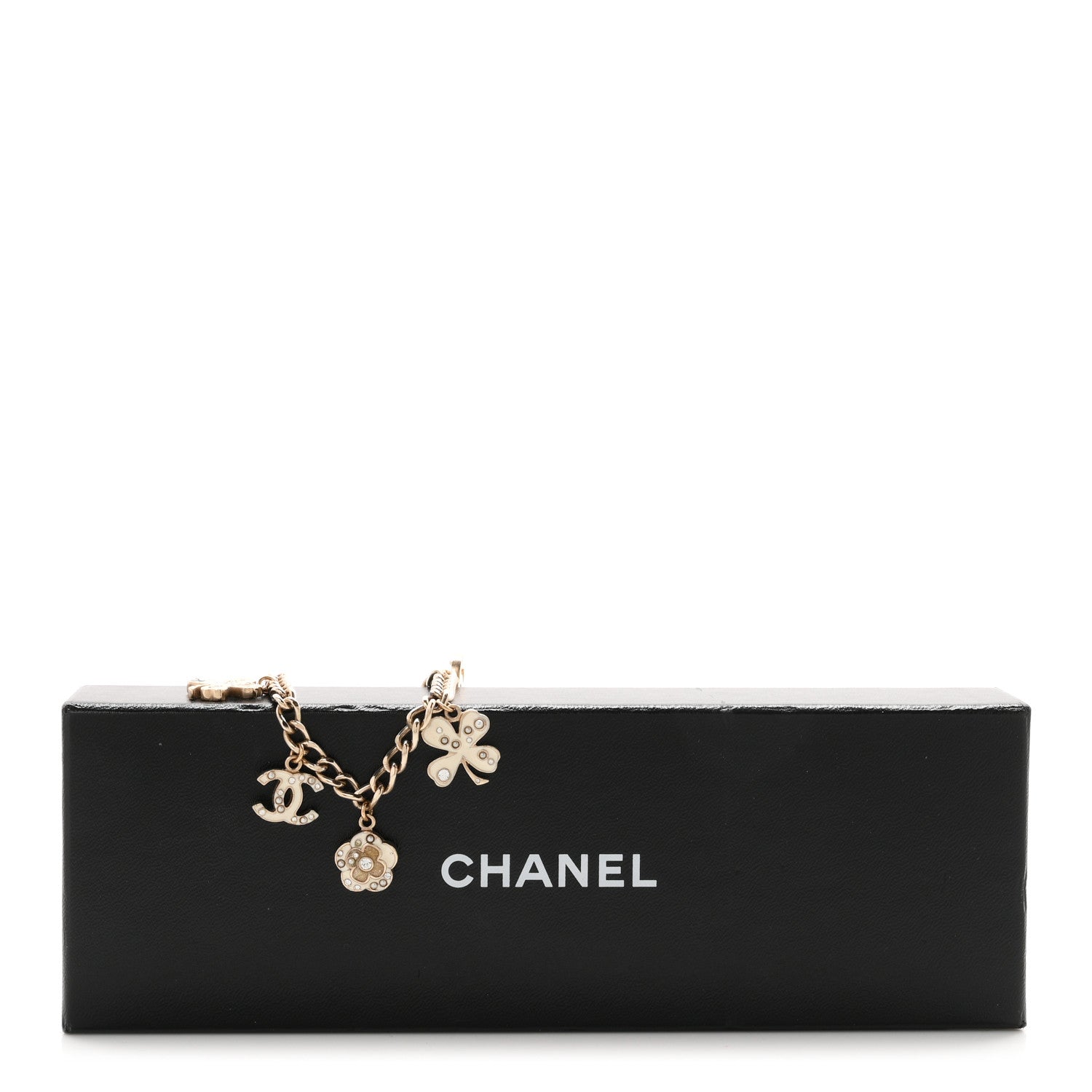 Chanel Enamel Crystal Pearl CC Lucky Charms Bracelet Gold White 7 of 7