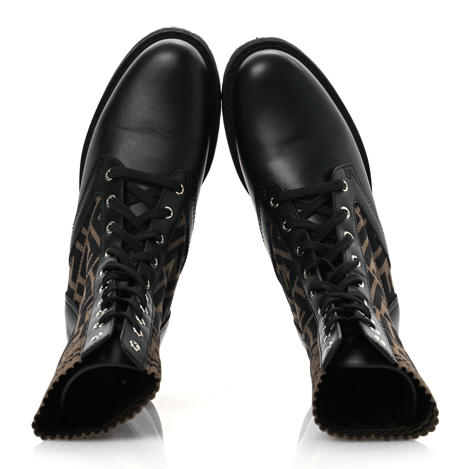 Fendi Calfskin Stretch Fabric FF Rockoko Biker Boots 40 Black Tobacco 2 of 14