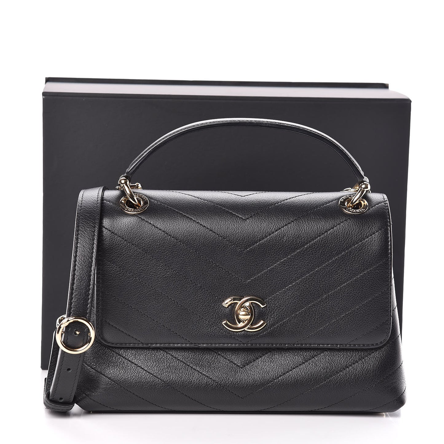 Grained Calfskin Small Chevron Chic Top Handle Flap Black