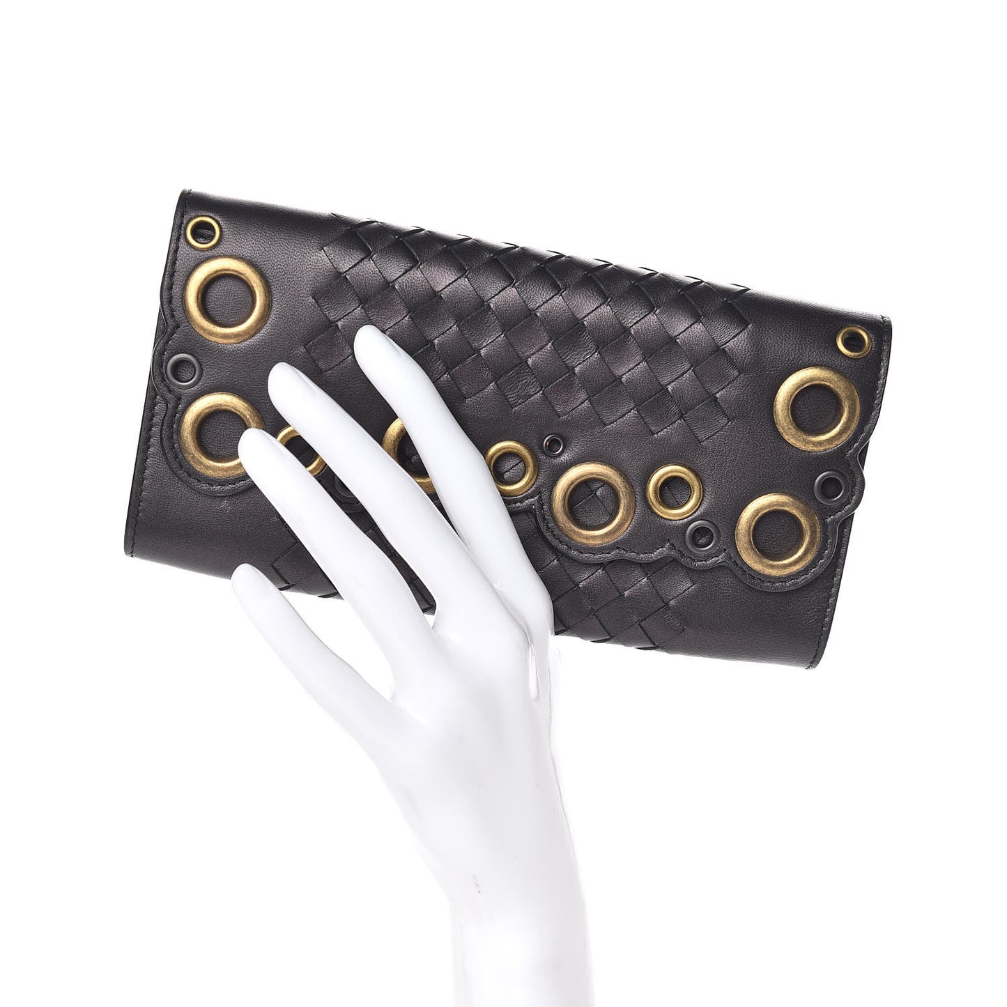 Metallic Nappa Intrecciato Eyelets Lace Continental Flap Wallet Antique Silver