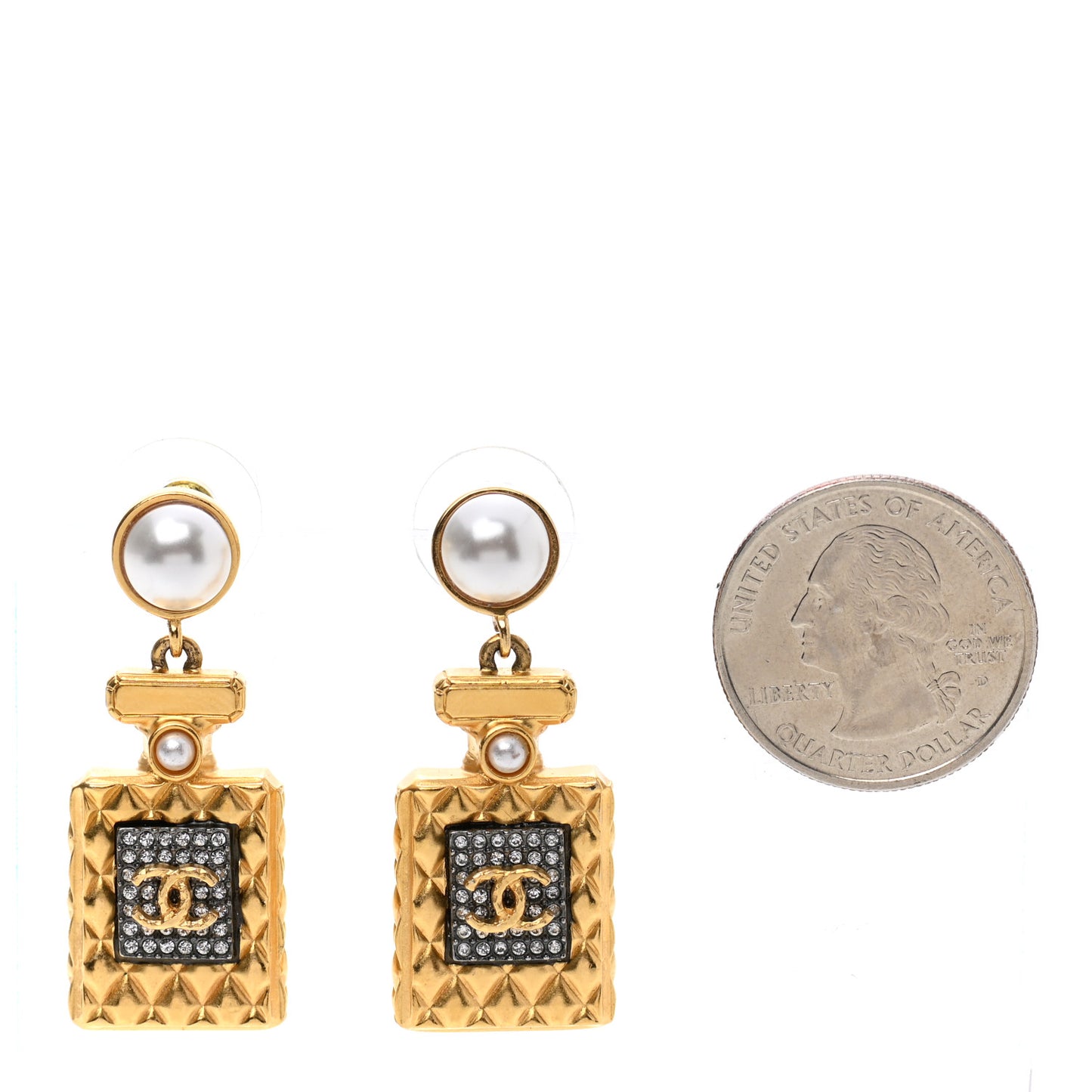 Crystal Pearl CC Perfume Bottle Drop Earrings Gold