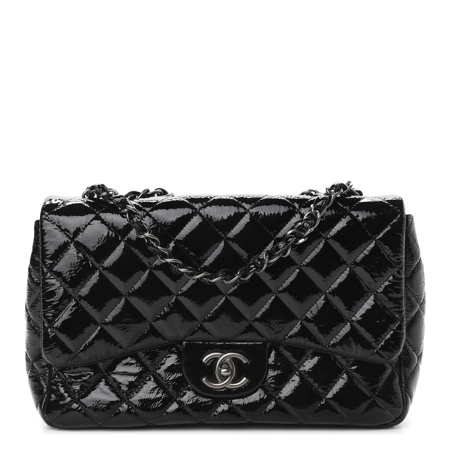 Crinkled Patent Quilted Jumbo Single Flap Black
