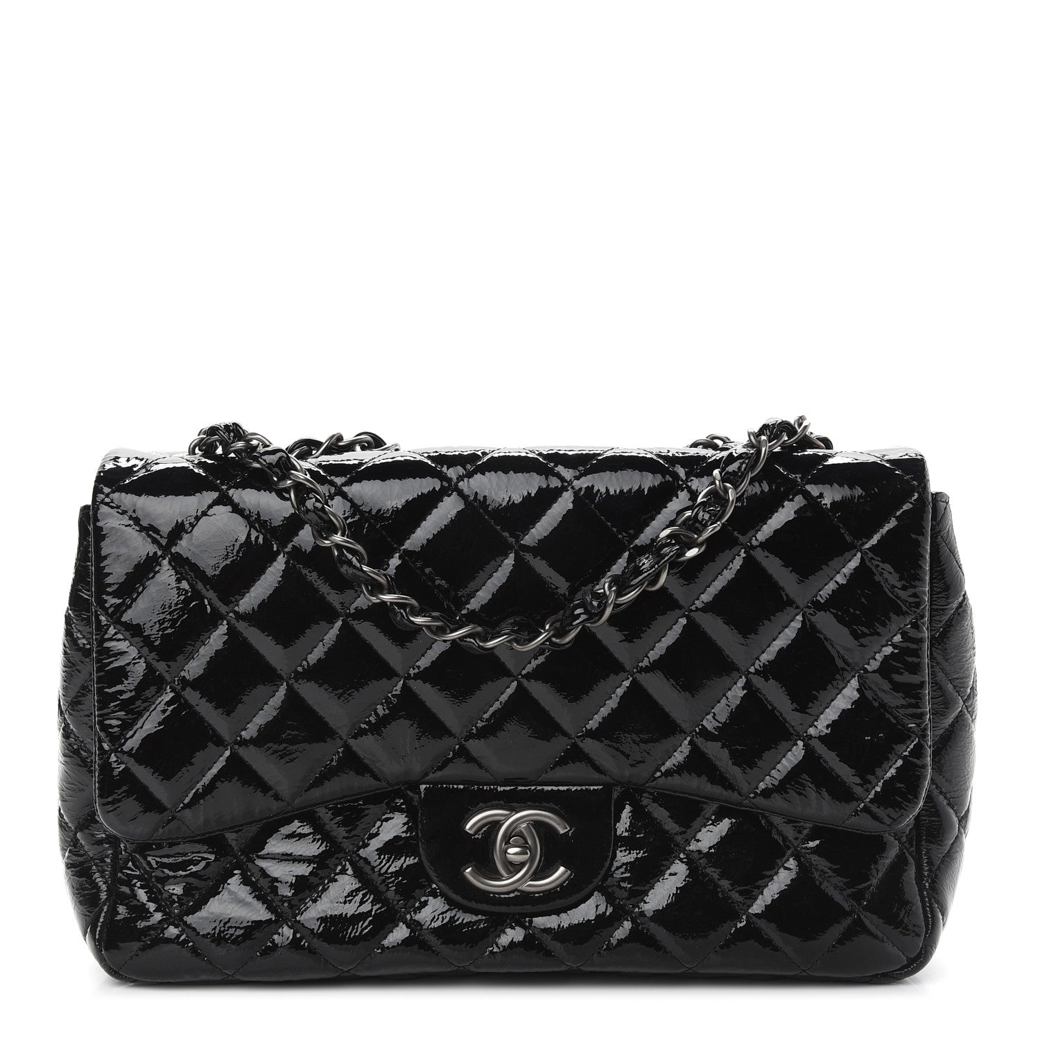 Chanel Crinkled Patent Quilted Jumbo Single Flap Black 1 of 9